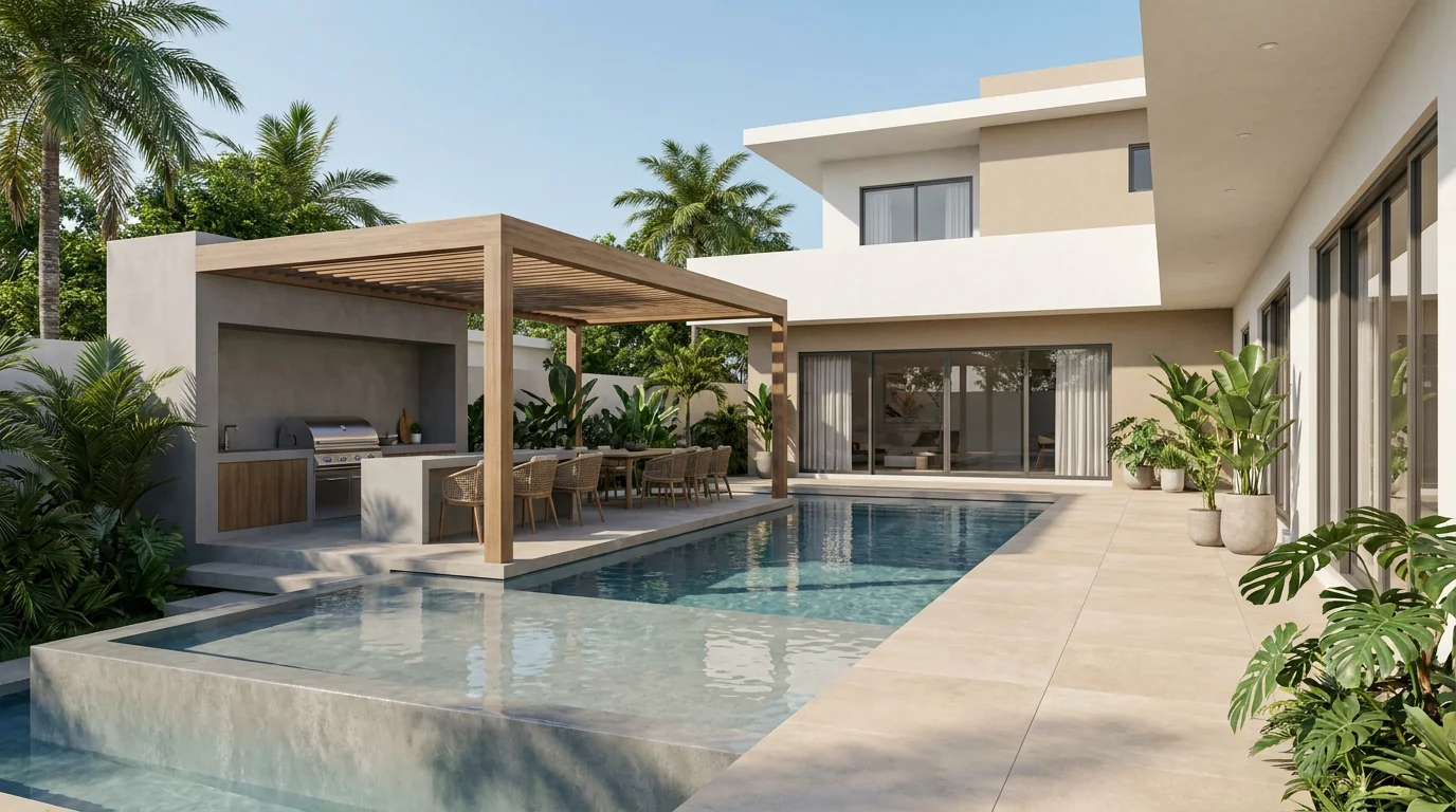 Alberca de concreto con asador y terraza en patio residencial de Tampico — AQUATAM