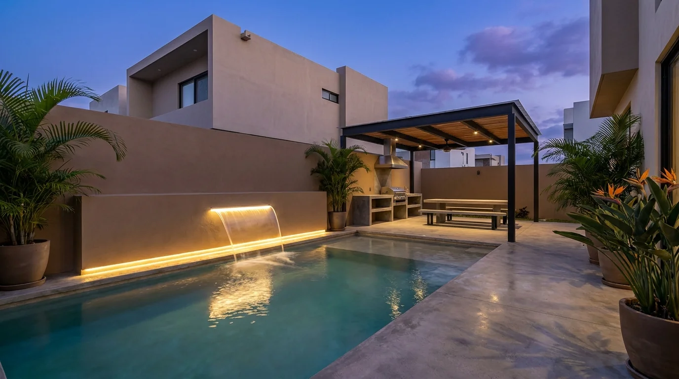 Alberca de concreto con cascada e iluminación LED al atardecer en Tampico — AQUATAM