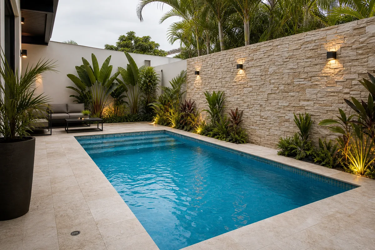 Construcción de alberca de concreto con muro de piedra en Altamira — AQUATAM